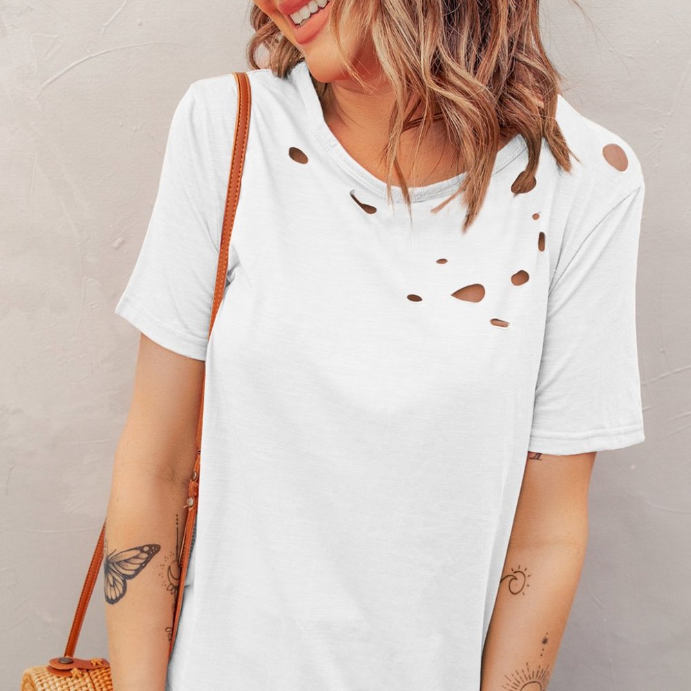 💜 New Distressed White Crew Neck Top - Picture 3 of 3